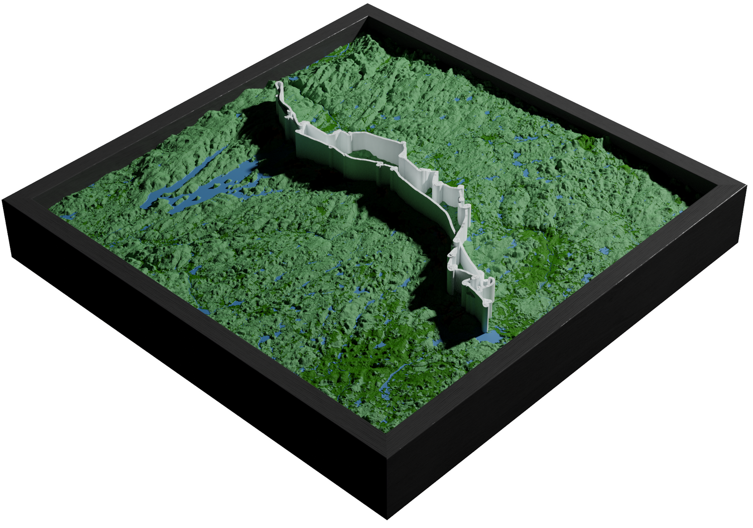 Topographic map in a black frame with green terrain and blue rivers.