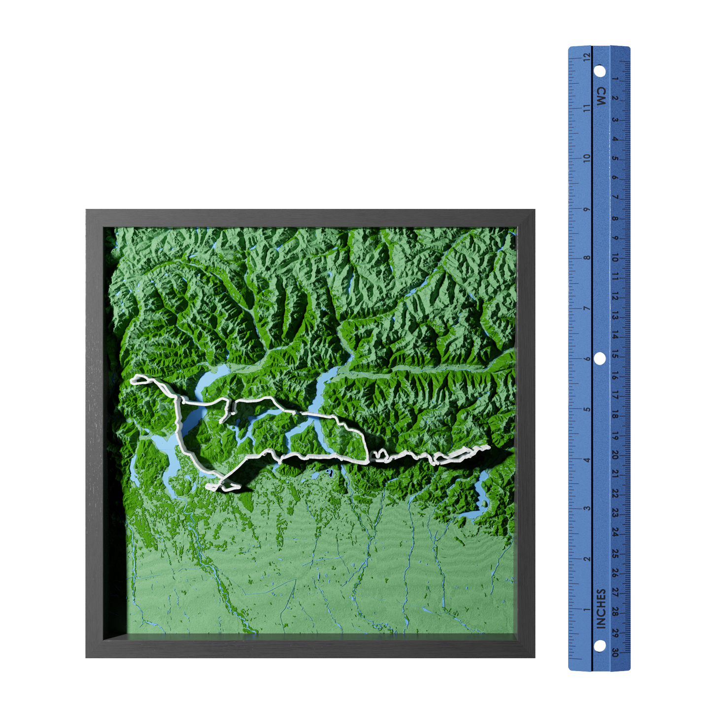 Topographic map with a river and surrounding landscape, next to a ruler for scale.